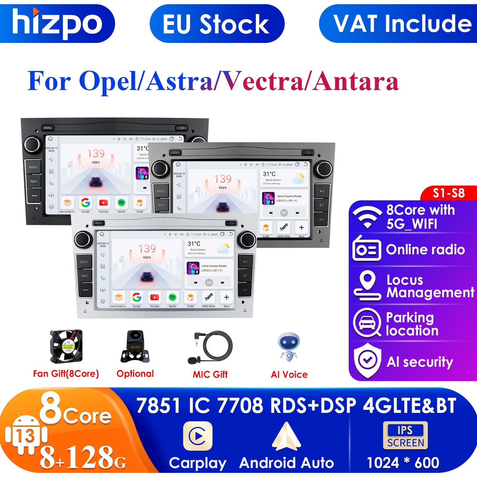 64GB 4G-LTE Android 2 Din Car GPS Player for Opel Astra H J2004 Vectra Vauxhall Antara Zafira Corsa