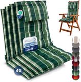 Beautissu Sun-HL - Set van 4 Premium Hoge Rugleuning Kussen met Hoofdkussen 120x50 cm – UV-bestendig & 8cm Dik Kussen Tuinstoelkussen Antislip Bevestigingsbanden – Stevige Stof Groen geblokt