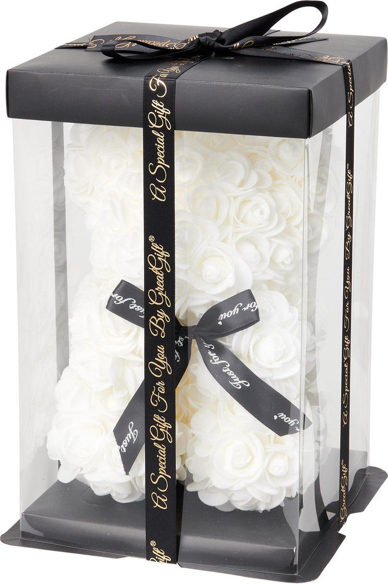 GreatGift GreatGift® - Witte Rozen Beer 25 cm + 75 rozenblaadjes - in Luxe verpakking - Wit - Romantisch Cadeau - Valentijn - Cadeau voor haar