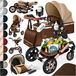 KESSER® Kinderwagen 3 in 1 Loops Wandelwagen Set incl. Autostoel & Reiswieg & Buggy Sportzitje - Massieve Rubberbanden - Luiertas / Regenhoes - Bruin / Champagne