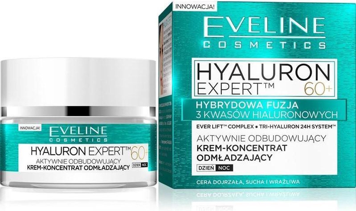 Eveline Cosmetics Clinic Gezichtsverzorging vanaf 60 graden anti-plat, anti-aging hyaluroncrème, vochtinbrengende crème voor dames, dag- en nachtcrème voor dames, intensieve gladheid en regeneratie