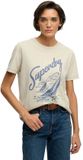 Superdry Heritage Hamptons T-shirt Dames Korte Mouw Ronde Hals Katoen Regular Fit Printopdruk Peyote Beige