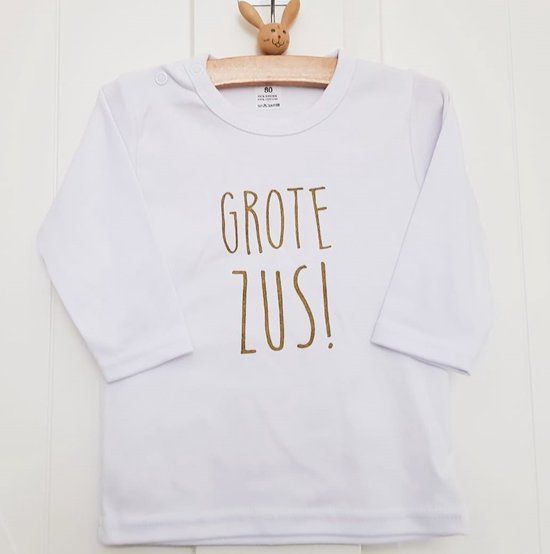 Merkloos / Sans marque Shirt - Ik word grote zus - lange mouw - wit met goud - maat 80 - zwangerschap aankondiging - baby meisjes