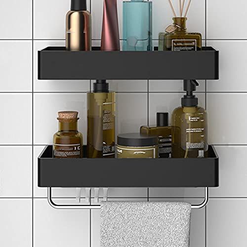 Doucherek Hoek Badkamer Plank Zelfklevende Douche Caddy Met Haken Wandmontage Geen Boorruimte Aluminium voor Badkamer Badkamer-Black_2 Layer