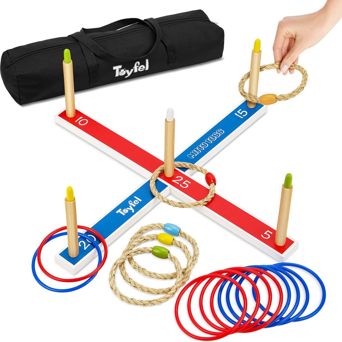 Toyfel Mitty Toss – Ring Werpspel Hout FSC® met 15 Ringen (10x plastic & 5x touw hoepels) – Tuin Spel voor Kinderen & Volwassenen Buiten & Binnen