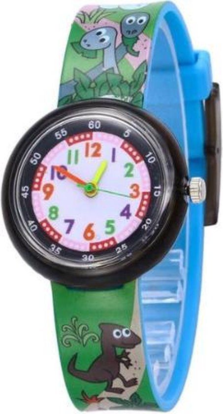 I-deLuxe Dinosaurus Kinderhorloge - Jongens/Meisjes - 30mm - Blauw/Groen - Rubber Band