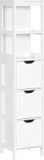 Armoire de salle de bain haute et étroite - Modèle autoportant - 3 tiroirs - 2 étagères ouvertes - Bois - 30x30x141,6 cm - Blanc