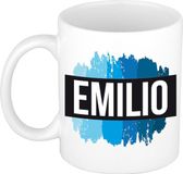 Bellatio Decorations Emilio naam cadeau koffie mok - beker - met blauw verfstrepen - Cadeau collega - vaderdag - verjaardag - meester - coach - 300 ml - wit