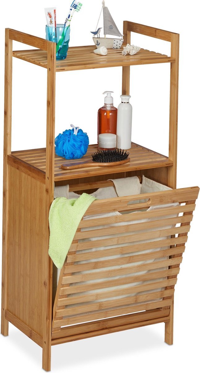 Relaxdays Badkamerkast met wasmand - wasbox - badkamerrek bamboe - opbergkast badkamer