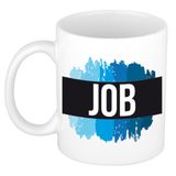 Bellatio Decorations Job naam cadeau koffie mok - beker - met blauw verfstrepen - Cadeau collega - vaderdag - verjaardag - meester - coach - 300 ml - wit