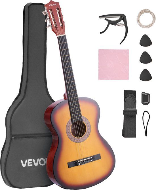 VEVOR Concertgitaar, 960MM, Houten Klassieke Gitaar Starterset voor Beginners, met Nylon Snaren, Gigbag, Riem, Tuner, Extra Snaar, Plectrum, Capo, Lindehout, voor Beginners, Sunburst