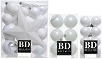 Bellatio Decorations kerstballen set 55x kunststof wit - ster piek - glanzend mat glitter - 4 5 6 8 cm