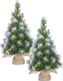 Mica Decorations Edelman Bv Kunst kerstboom/kunstboom in jute zak met verlichting en sneeuw 60 cm - 2x stuks - Miniboompjes/kerstboompjes