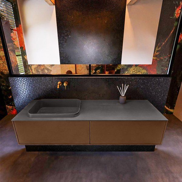 Mondiaz ERIN 150cm badmeubelset onderkast Rust met 2 lades Wastafel RIDGE links Dark grey ERIN11825