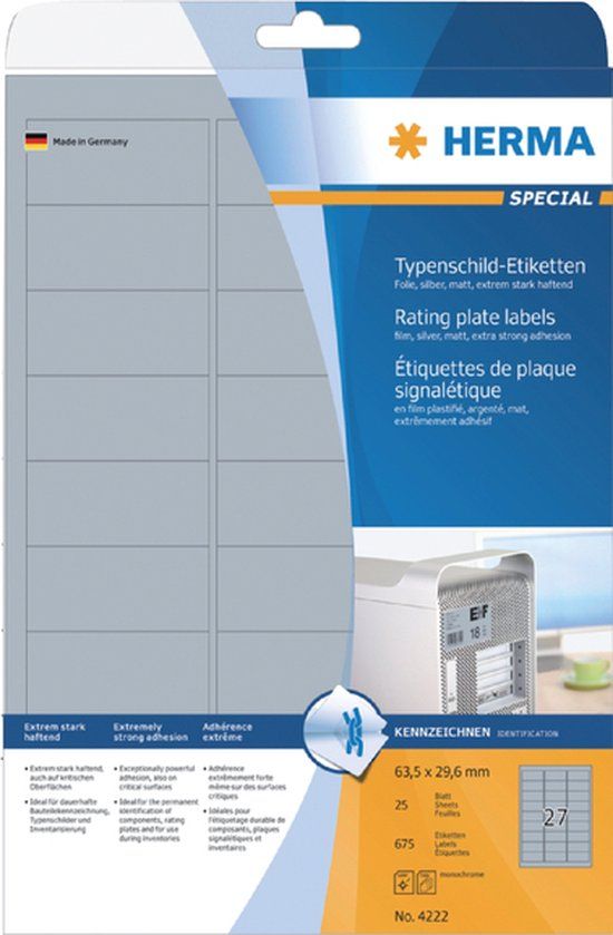 Herma Etiketten 4222 63.5x29.6mm Folie Zilver 675 stuks