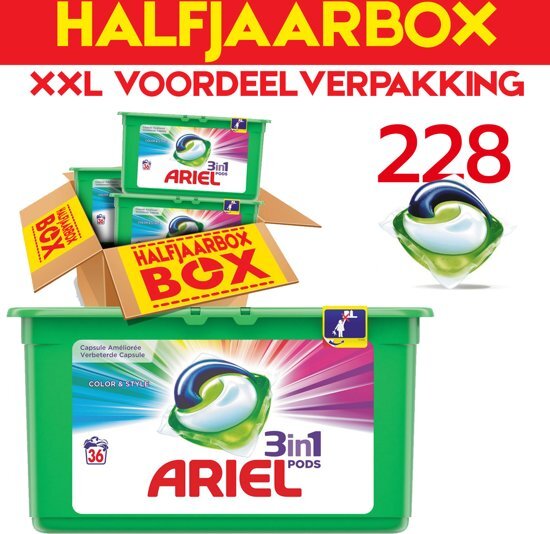 Ariel XXL voordeelverpakking 228 Colour & Style Pods Jaarpakket wasmiddel Capsules Megavoordeelverpakking XXL 228 wasbeurten Color Wascaspsules voor gekleurde was