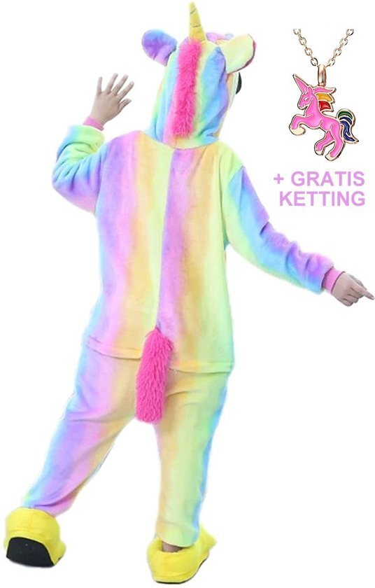 Spaansejurk NL Eenhoorn Onesie Unicorn regenboog huispak kinderen - 104-110 (110) + GRATIS ketting verkleedkleding jurk