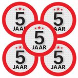 Bellatio Decorations 5 jaar leeftijd sticker - 5x - rond - Dia 9 cm - 5 jaar verjaardag - jubileum - leeftijd versiering