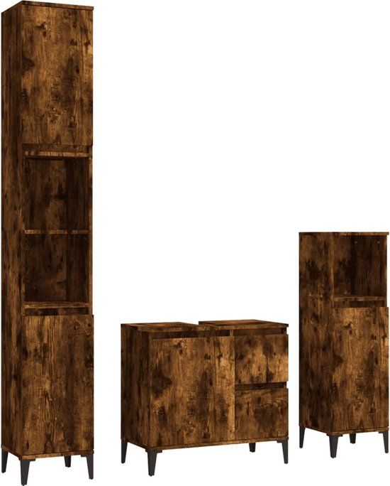 vidaXL 3-delige Badkamermeubelset Bewerkt Hout Gerookt Eikenkleurig