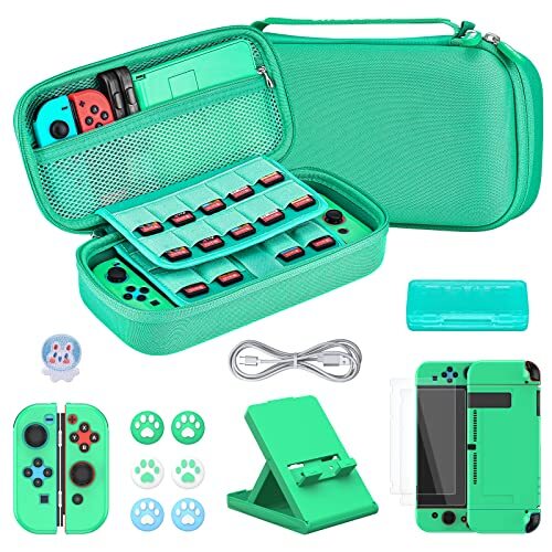 Younik Schakelaar Accessoires Bundel, 16 in 1 Accessoires Kit Inclusief Switch Draagtas, Beschermhoes voor Console & J-Con, Schermbeschermer, Verstelbare Stand, Switch Game Case en Meer (Groen)