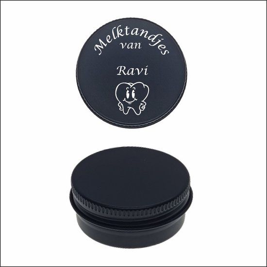 MC Living Melktanden Blikje Met Naam Gravering - Ravi - Zwart - Rond - Aluminium