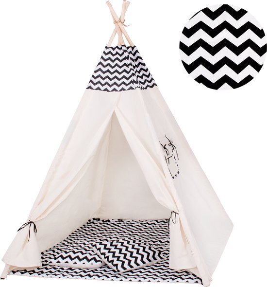 springos Tipi Tent | Wigwam Speeltent | 120x100x180 cm | Met Mat en Kussens | Naturel Zwart | Golven