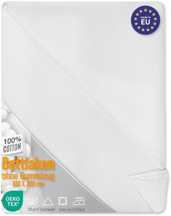 Laken ASE Spolka Akcyjna Laken zonder elastiek 2er Set: 100x200 cm katoen – bovenlaken lakens wit stof kookvast bestand tegen koken 125 g/m² – plat laken Oeko Tex voor matras boxspring ademend