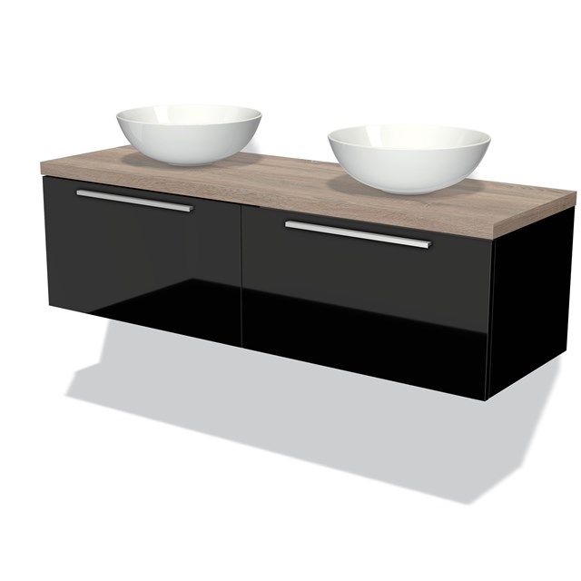 Maxaro Badkamermeubel Modulo Plato 140cm Hoogglans Zwart 2 Lades Vlak Eiken Blad