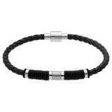 Lucardi - Heren Stainless steel herenarmband leer gevlochten zwart - Armband - Staal - Zilverkleurig - 20 cm