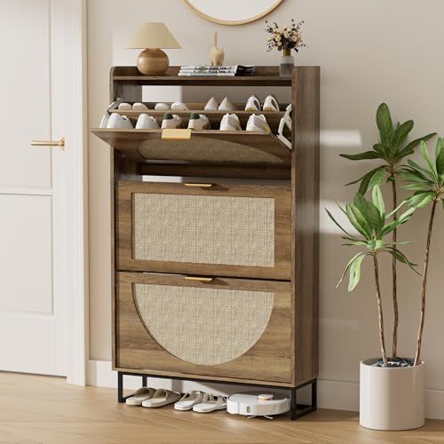 BonVache Forest schoenenkast met drie deuren, schuifbare schoenen, smalle ingang, woonkamer, gang, 80 x 24 x 135.4 cm