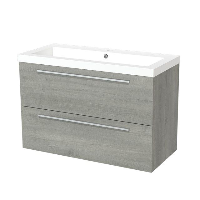 Maxaro Badkamermeubel 100cm Modulo Grijs Eiken 2 lades Vlak Wastafel Mineraalmarmer