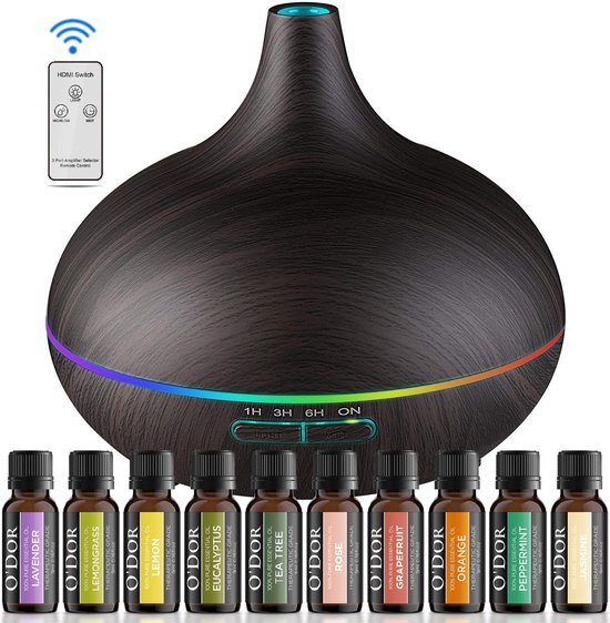 O'dor O'dor® Aroma Diffuser met Extra 10 flesjes Etherische Olie - met Afstandsbediening - Vernevelaar - Geurverspreider - Luchtbevochtiger – Verdamper – Aromatherapie - Geurverspreider - Donkerbruin