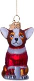 Vondels glazen kerstbal hond chihuahua met t-shirt 8cm bruin, rood