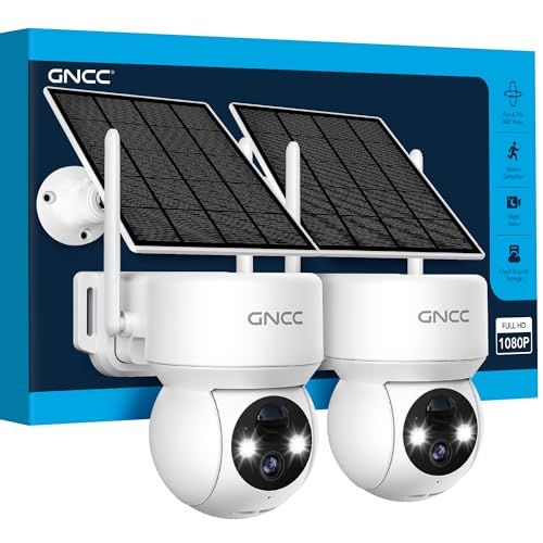 GNCC GNCC Bewakingscamera met Zonnepaneel, 2MP Zonnecamera voor buiten, Draadloos, 360° PTZ, Kleur Nachtzicht, Tweeweg-audio, PIR Bewegingsdetector, Alarm Sirene, Alleen 2.4 GHz, Alexa, 2-pack