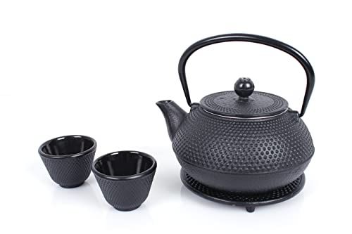 Echtwerk Gietijzeren theeservies - theepot 0,8 l met afneembare zeef, theepot met onderzetter en 2 theekopjes - zwart