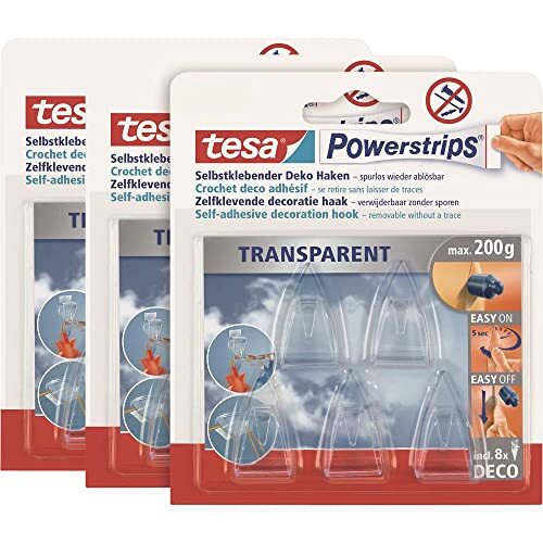 tesa Powerstrips DECO haken Small in verpakking van 3 - zelfklevende haken voor decoratie aan glas en spiegel - tot 200 g houdkracht - 3 x 5 haken