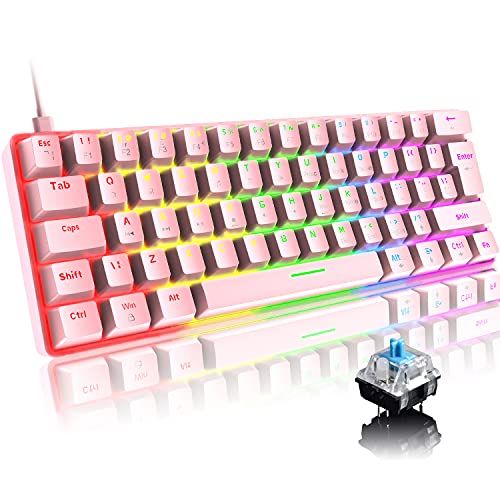 FELiCON Mini 60% Mechanisch Gaming-Toetsenbord - Compact 62 Toetsen - RGB LED Backlit - QWERTY UK - Roze/Blauw Schakelaar