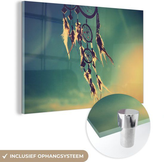 MuchoWow® Glass Painting 150x100 cm - Acrylic Glass Painting - Dreamcatcher in the Sky at Sunset - Photo on Glass - Paintings