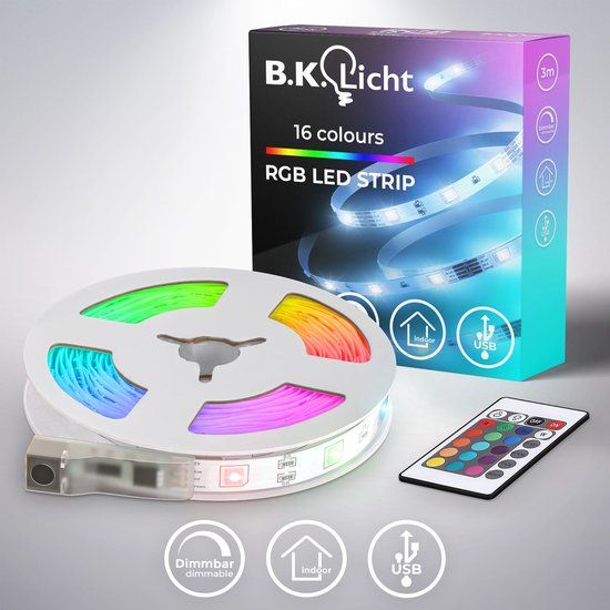 B.K.Licht LED Strip - 3 meter - USB - RGB - Dimbaar - Met Afstandsbediening