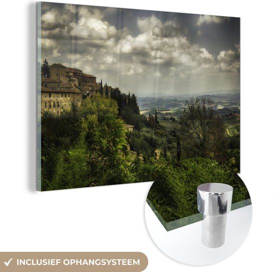 MuchoWow® Glasschilderij 150x100 cm - Wolken over de Toscaanse heuvels - Acrylglas schilderij