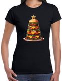 Bellatio Decorations Kerst T-shirt voor dames - kerstboom van hamburgers - zwart - burgerfan - Kerstmis M