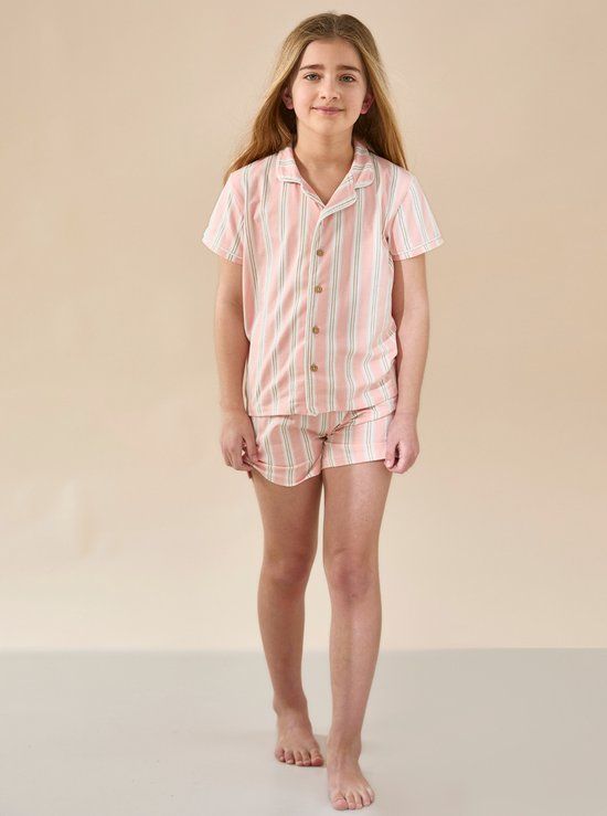 Little Label JULIE meisjespyjama roze streep korte mouw biologisch katoen maat 170/176