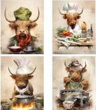 MOCVSWO Grappige koe canvas muurkunst humoristische bruine hooglandkoeien koken verleidelijke gerechten keuken foto's, geschikt voor keukens en slaapkamers dieren kunstprints set van 4 (20 x 25 cm,