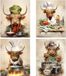 MOCVSWO Grappige koe canvas muurkunst humoristische bruine hooglandkoeien koken verleidelijke gerechten keuken foto's, geschikt voor keukens en slaapkamers dieren kunstprints set van 4 (20 x 25 cm,