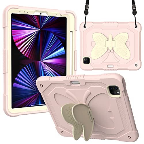 YEOU Compatibel met iPad 8th 10.2 (2020), 3D Heavy Duty Hard Rugged beschermhoes, cartoon Cute Butterfly Wings standaard, stootvaste siliconen hoes met standaard voor kinderen (rijst rozenpoeder)