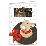 Afie Wenskaart Vrolijk Kerstmis met envelop en collage in RELIEF goud glanzend glinsterend Gentil hond glimlach met ketting kerstkrans strik lint rood feest einde van het jaar