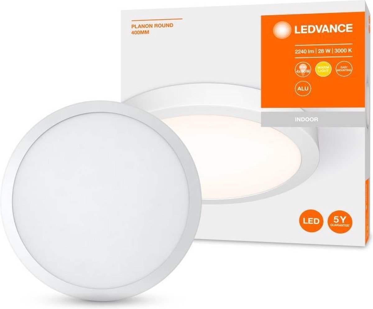 Ledvance Paneelarmatuur LED: voor plafond, PLANON™ Round / 28 W, 220…240 V, uitstralingshoek: 110°, Warm White, 3000 K, materiaal behuizing: aluminium, IP20, 1-bundel