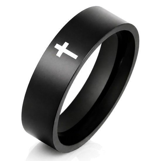 LGT JWLS LGT Jewels Zwarte stalen mannen ring met Kruis-18mm