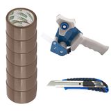 D.RECT Plakband-handafroller met 6 bruine pakketrollen 50 m x 48 mm inclusief 6 rollen pakband, cuttermes lemmet 18 mm met rubberen handgreep, bruin