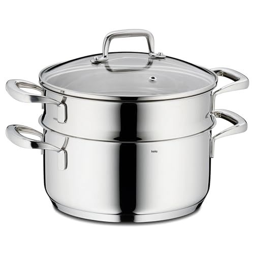 Kela Flavaria Stoompan 20 cm, universele stoompan, inductie, 2,4 l, met inzetstuk, glazen deksel met stoomuitlaatventiel, schaalverdeling aan de binnenkant, ongecoat